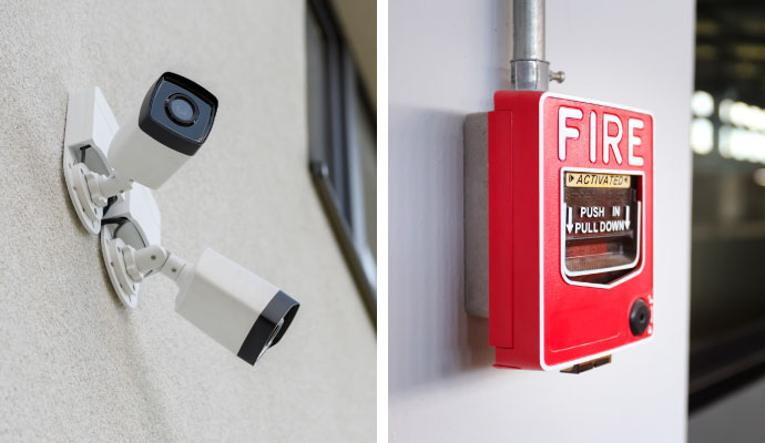 Collage of security camera and fire alarm