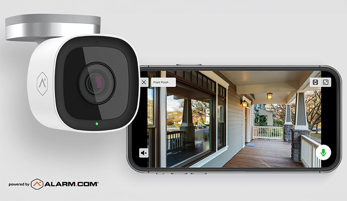A smart security camera live video feed showing on a smartphone