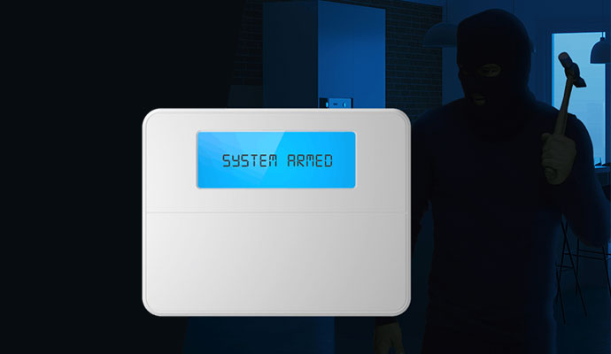 Armed home security system with masked intruder