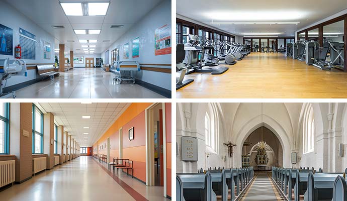 Collage of commercial and public facility interiors