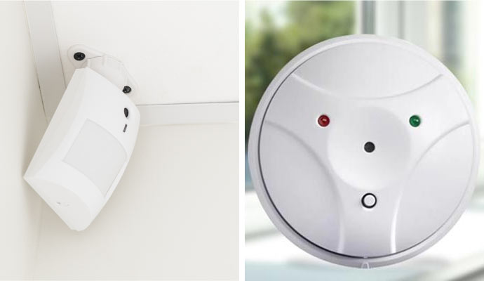 collage of motion sensor and glass break detector