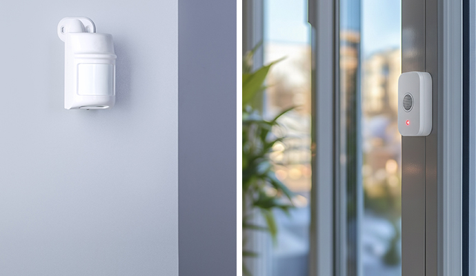 Collage of motion sensors and glass break detectors