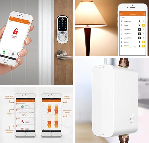 Collage of smart lock control app, smart lighting app, smart scheduling and flood detection device