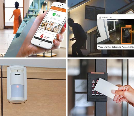 Collage of video surveillance burglary detection motion sensor and access control with card reader