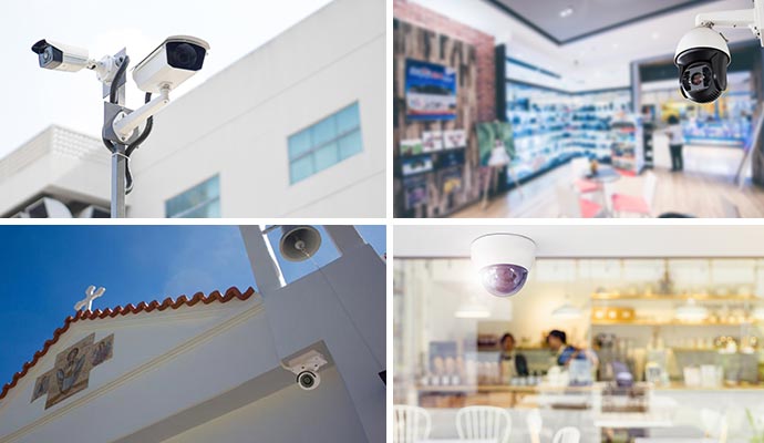 Collage of different business security cameras