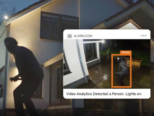 video analytics detected unauthorized person light on home night