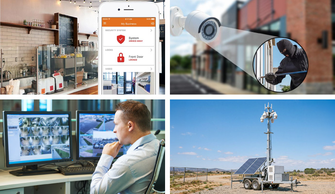 Collage of 24/7 monitoring, burglary detection, video surveillance, and mobile unit