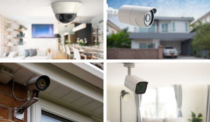 Collage of indoor, outdoor, wired and wireless security camera