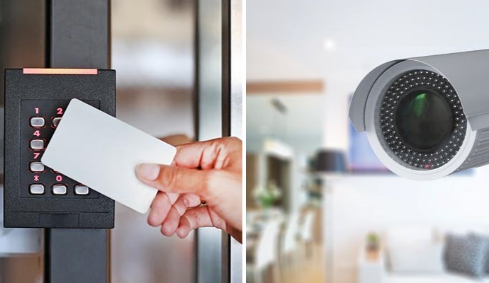 Collage of access control system and indoor security camera