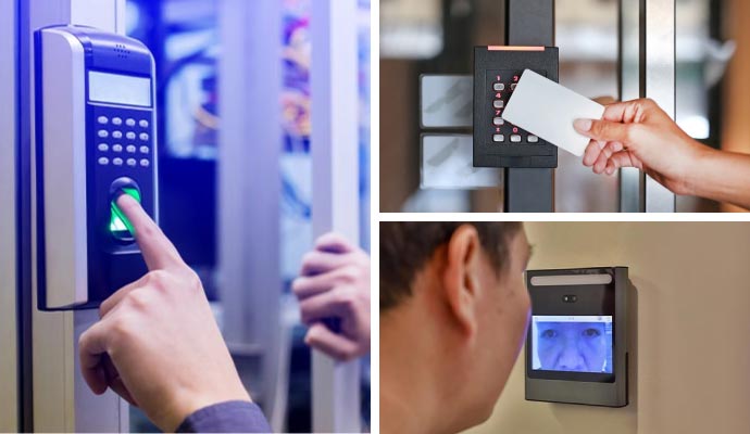 Collage of biometric, key card reader and retina scanner