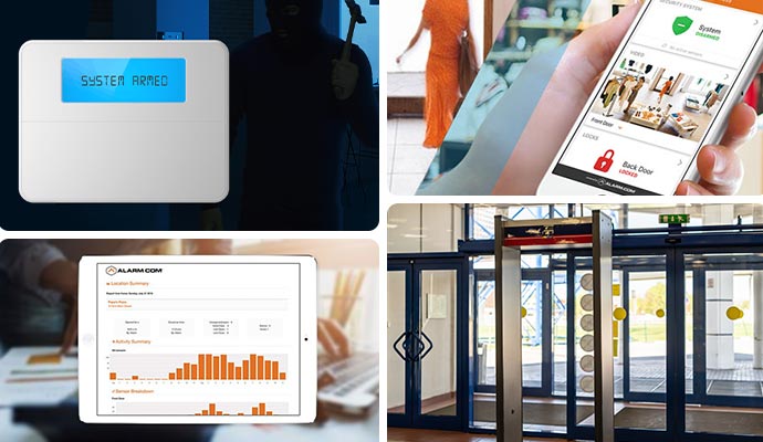 Collage of burglary detection, continuous monitoring, smart business report and metal detection