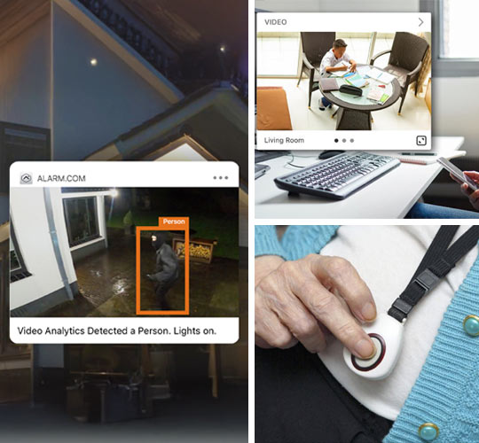 Collage of burglary detection, home security and medical alert system