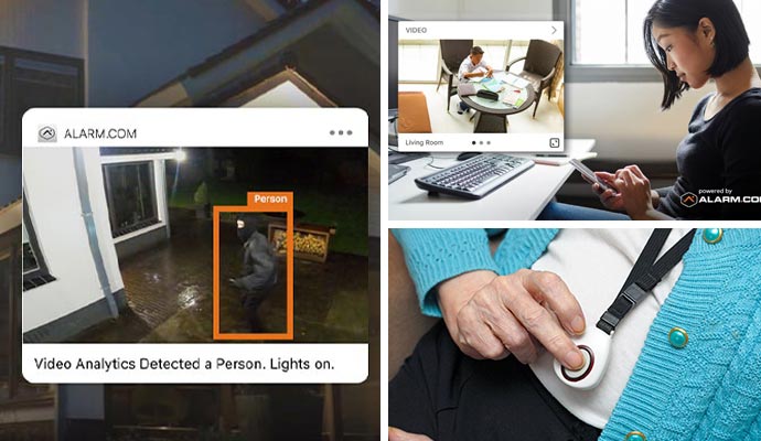 Collage of burglary detection, home security and medical alert system Collage of burglary detection, home security and medical alert system