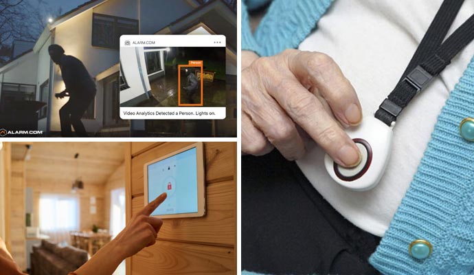 Collage of burglary detection, interactive home security panel and medical alert system