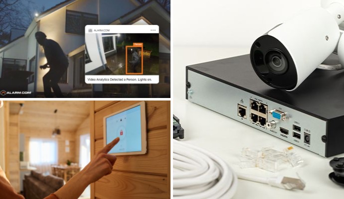 Collage of burglary detection, interactive home security panel and NVR camera
