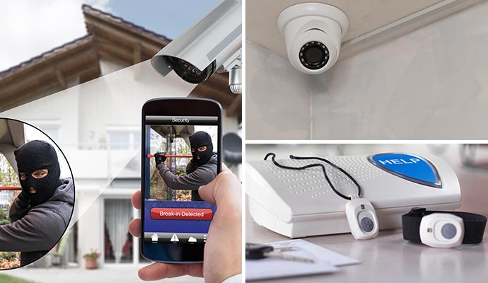 Collage of burglary detection, security camera and medical alert system Collage of burglary detection, security camera and medical alert system