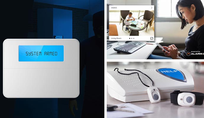 Collage of burglary detector, interactive monitoring and medical alert system Collage of burglary detector, interactive monitoring and medical alert system