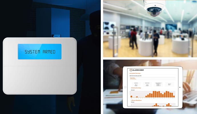 Collage of burglary detector, security camera in retail store and smart business reporting system