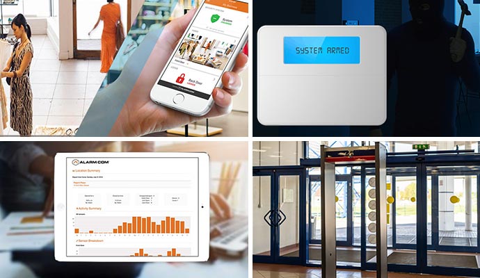 Collage of business monitoring, burglary detection, smart business reporting, and metal detector Collage of business monitoring, burglary detection, smart business reporting, and metal detector