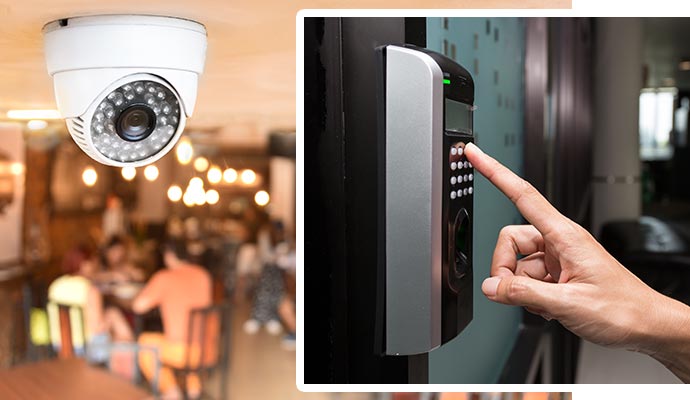 Collage of an indoor dome CCTV camera and a hand entering a code on an access control keypad