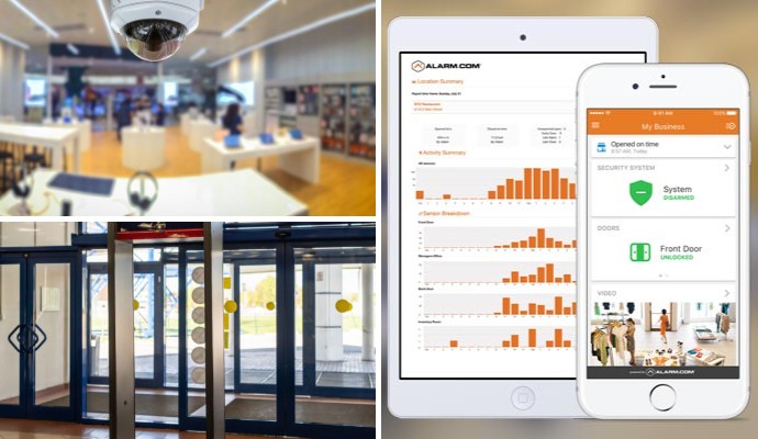 Collage of business security camera, installed metal detector and business reporting system