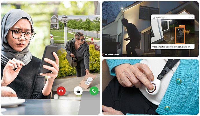 Collage of 24/7 monitoring, burglary detection and medical alert system