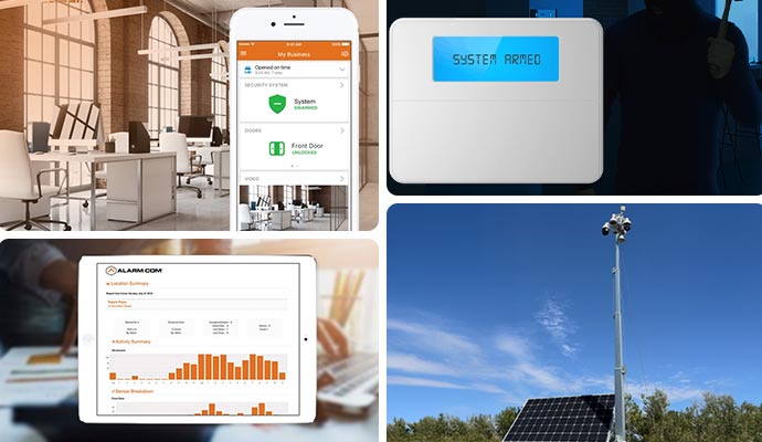 Collage of continuous monitoring, burglary detection, smart report and mobile surveillance unit