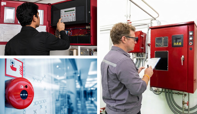 Collage of fire alarm monitoring, alarm system, and inspection service