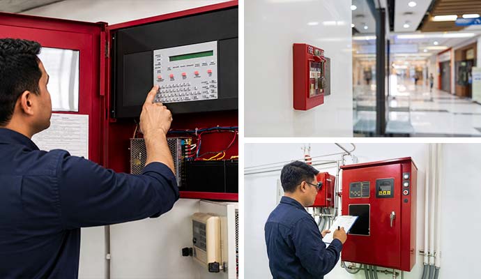 Collage of fire alarm monitoring, inspection, and fire alarm system installed in a commercial space