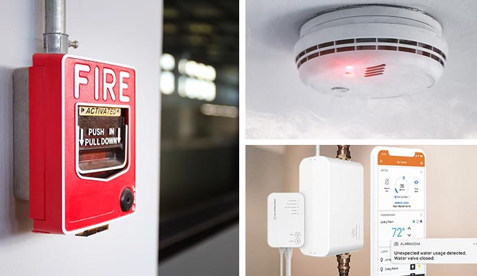 Collage of fire alarm smoke detectors and water sensors