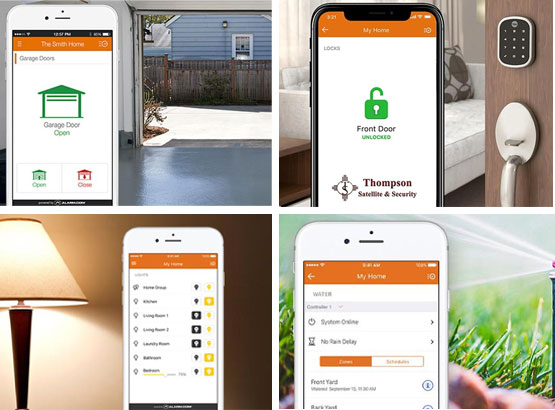Collage of garage door opener, smart door lock, smart lighting and smart irrigation system