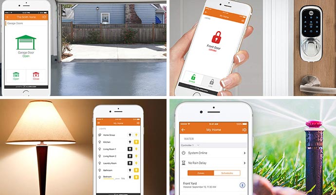 Collage of garage door opener, smart door lock, smart lighting and smart irrigation system Collage of garage door opener, smart door lock, smart lighting and smart irrigation system