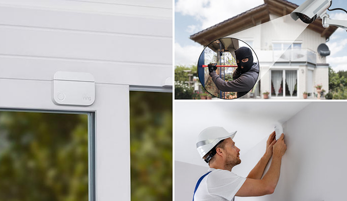 Collage of glass break detector burglary detection and motion sensor
