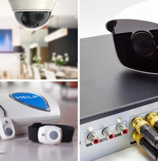 Collage of home security camera, medical alert system and NVR camera system