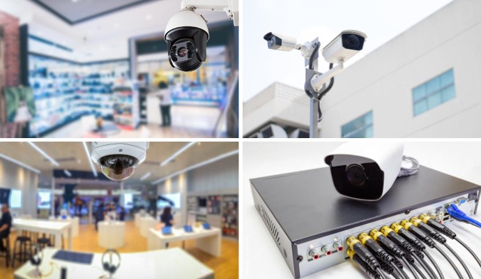 Collage of indoor, outdoor, IP PTZ and NVR security cameras for business security