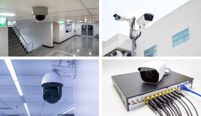 Collage of Indoor, outdoor, IP PTZ cameras, NVR system