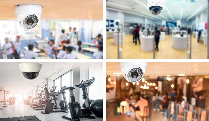 Collage of installed security camera in different types of commercial space