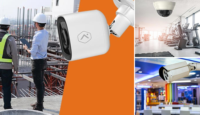 Collage of installed security system for construction area gym space and library