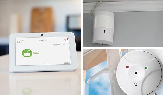 Collage of interactive panel, motion sensor and glass break detector Collage of interactive panel, motion sensor and glass break detector