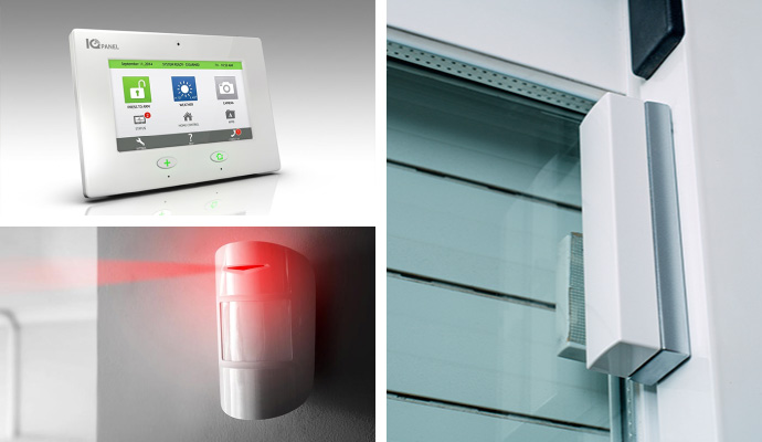 Collage of interactive security panel, motion sensors, and glass break detector