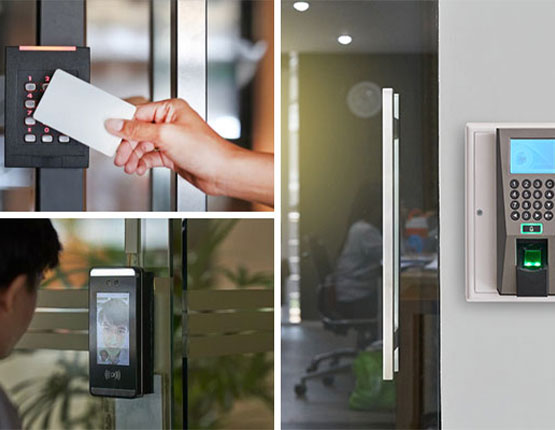 Collage of key card, retina, and biometric access control system