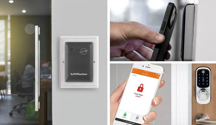 Collage of liftmaster access control, mercury access control, and touchless door systems