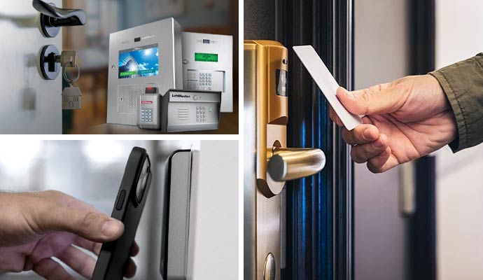 Collage of liftmaster access control, touchless door system, and key card reader