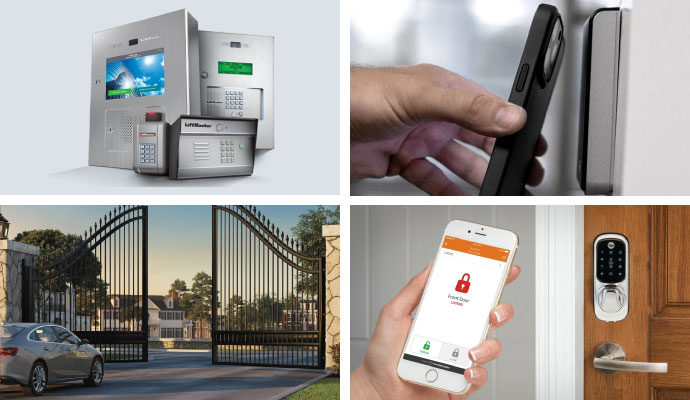 Collage of liftmaster, mercury, community access control, touchless door systems