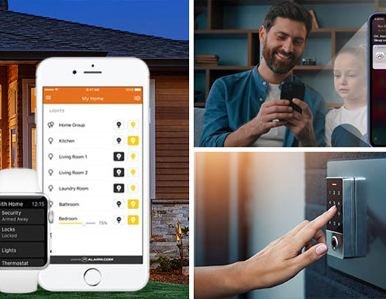 Collage of light and voice controlling app interface and smart lock