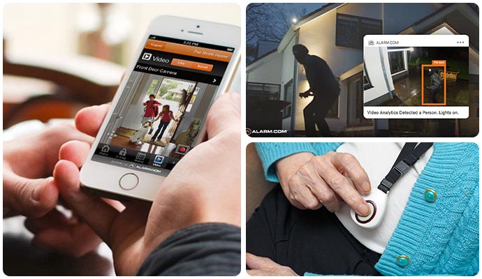 Collage of a person viewing a live front door camera feed on a smartphone, burglary detected in camera and an elderly person pressing a medical emergency button