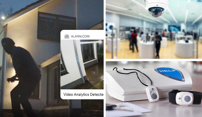 Collage of security cameras and medical alert systems.