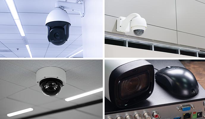 Collage of outdoor, indoor and nvr camera