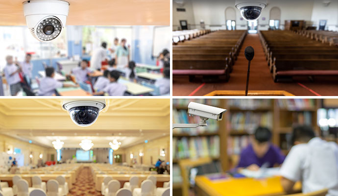 Collage of school, church, event venue and library with installed security camera