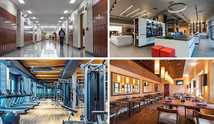 Collage of school, office, gym and restaurant interior
